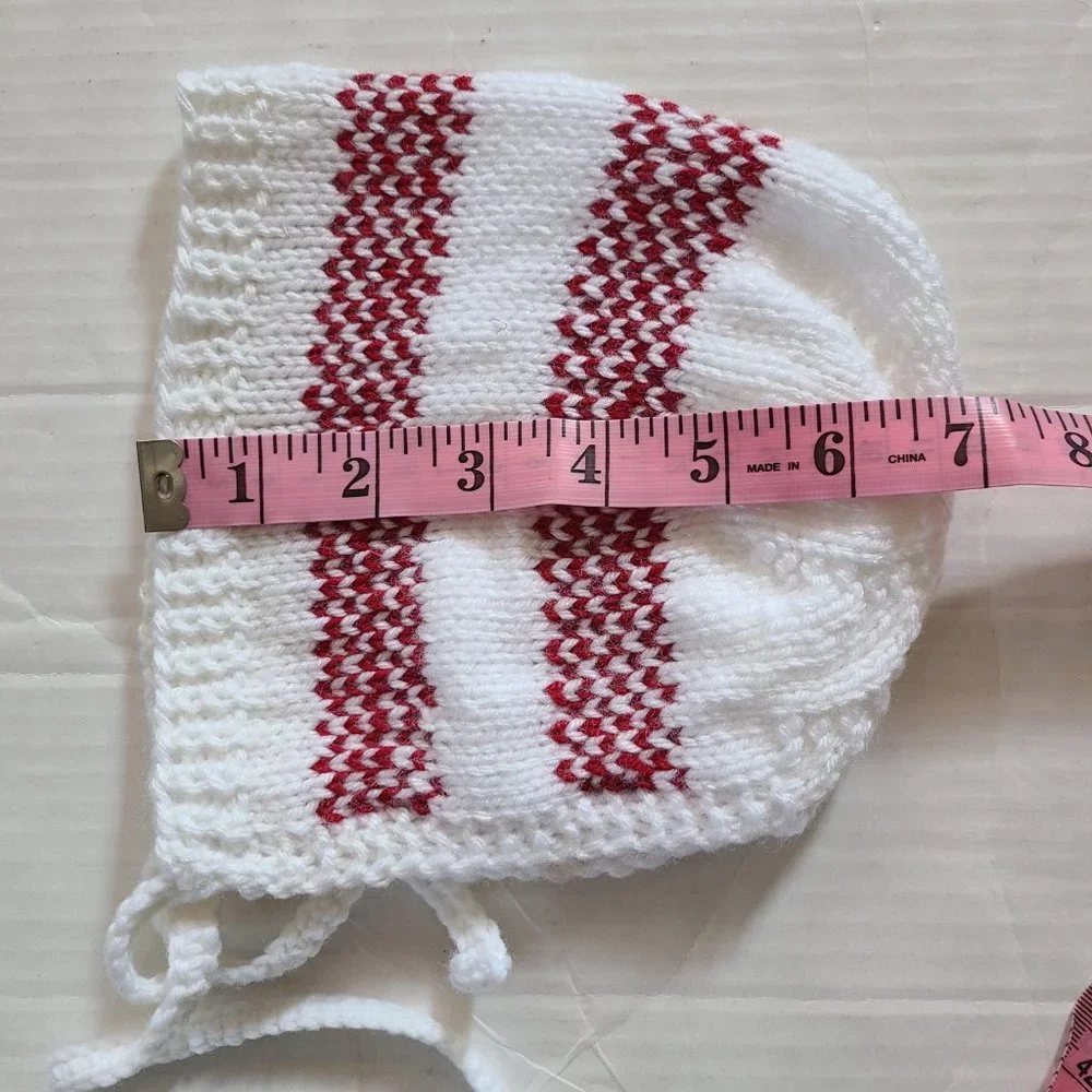 Baby Girl Knit Hat Bonnet White Red Front Tie Handmade Size 5-9 Months